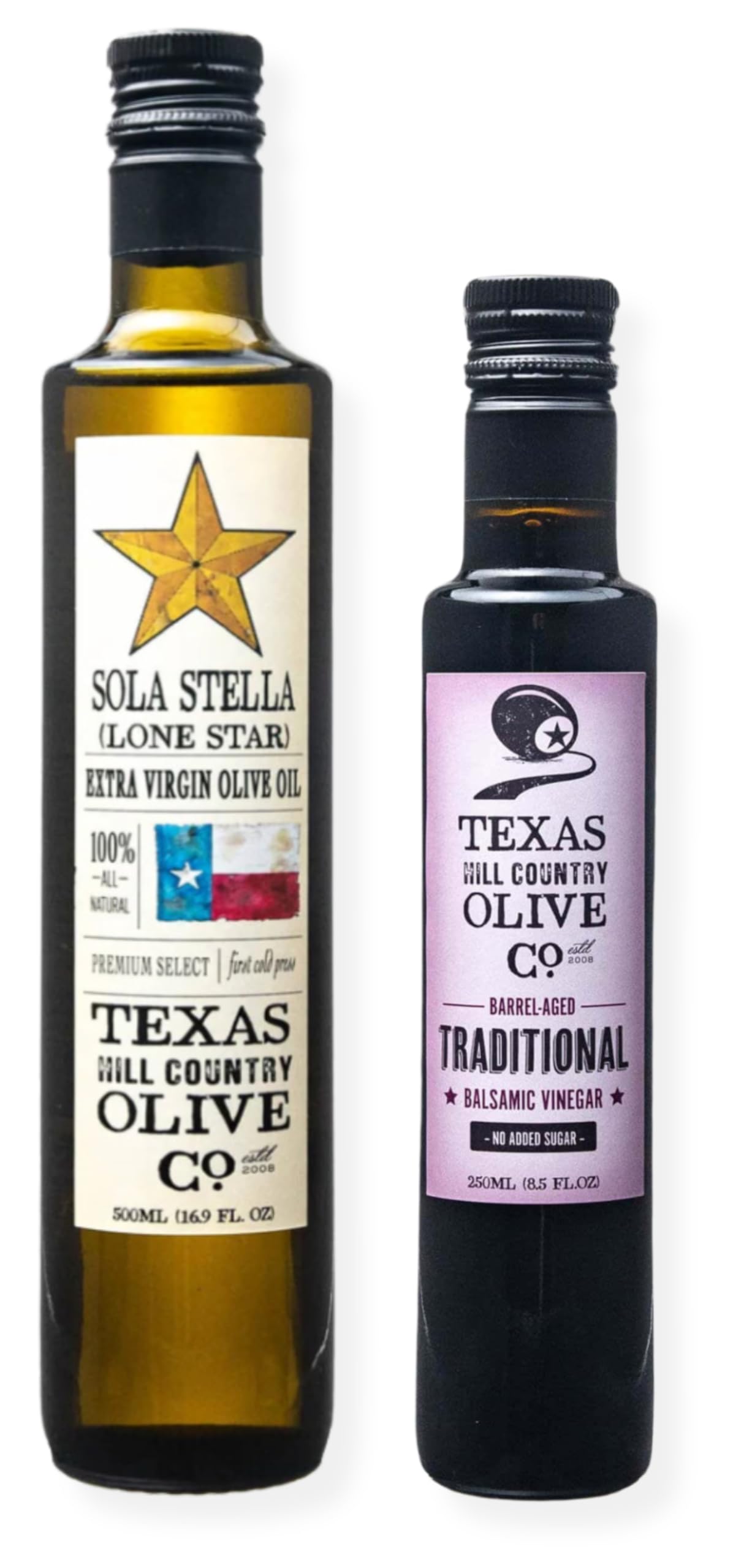 TEXAS HILL COUNTRY OLIVE CO. Olive Oil and Balsamic Vinegar Salad Set, Extra Virgin Olive Oil 500ml, Balsamic Vinegar 250ml, Medium Size