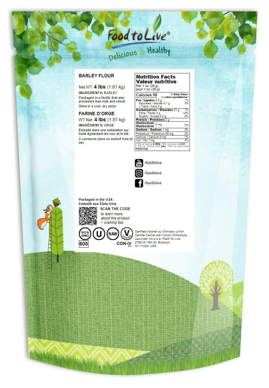 Food to Live Barley Flour, 4 Pounds - Fine Powder, Kosher, Vegan, Bulk. Rich in Fiber. Wheat Flour Alternative. Great for Baking