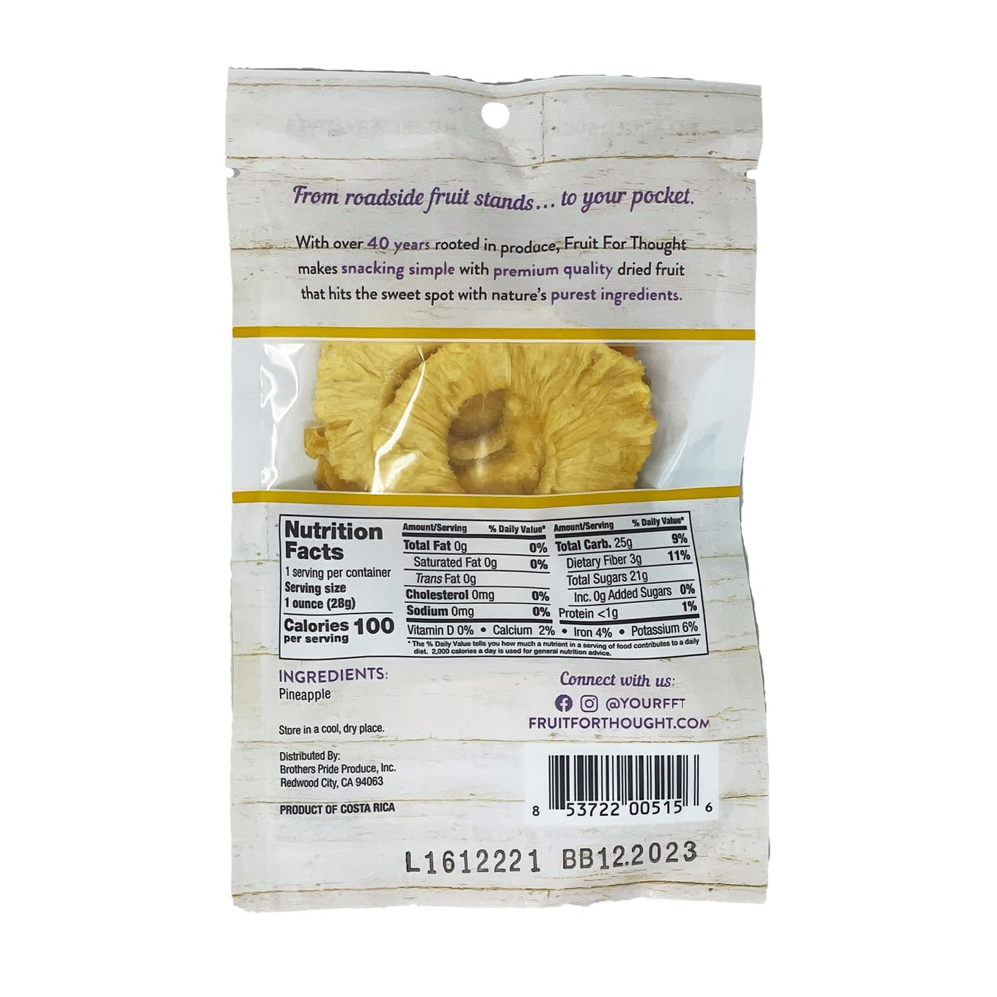 Fruit For Thought Dried Pineapple Snack Packs, 1 Ounce Bags, Pack of 12, Ideal for Family, At Home, Work, or On The Go