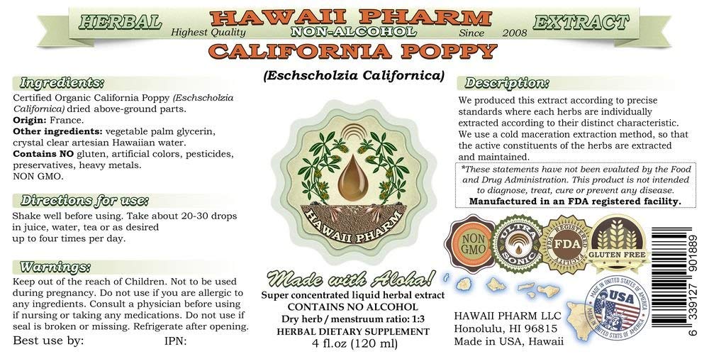 Hawaii Pharm California Poppy Glycerite, 4 Fl Oz,   -Free Liquid Extract, Nervous System Support