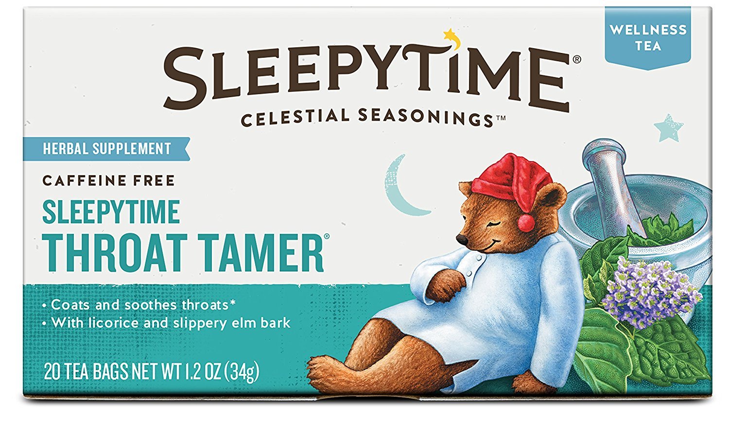Celestial Seasonings Wellness Tea, Sleepytime Throat Tamer, Caffeine Free, 20 Count (Pack of 6), Natural