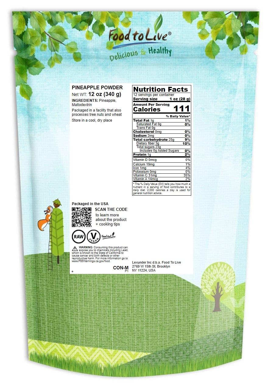 Food To Live - Pineapple Powder, 12 Ounces - Made From Raw Dried Fruit, Unsulfured, Vegan, Bulk, Great For Baking, Juices, Smoot