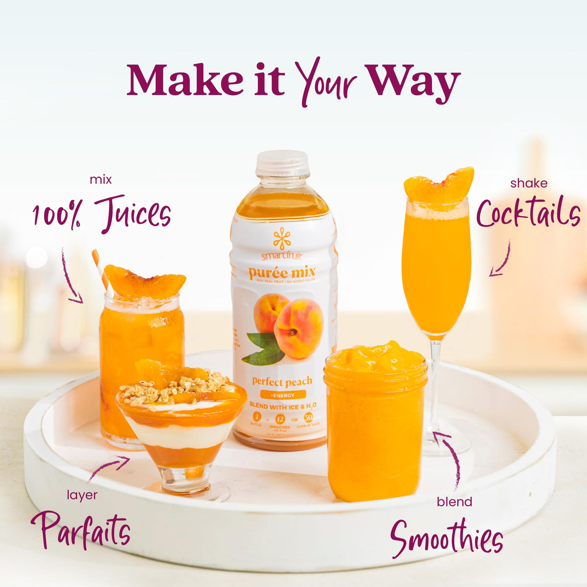 Smartfruit Perfect Peach + Energy, 100% Real Fruit Pur  e, Non-GMO, No Additives, Vegan - 48 Fl. Oz