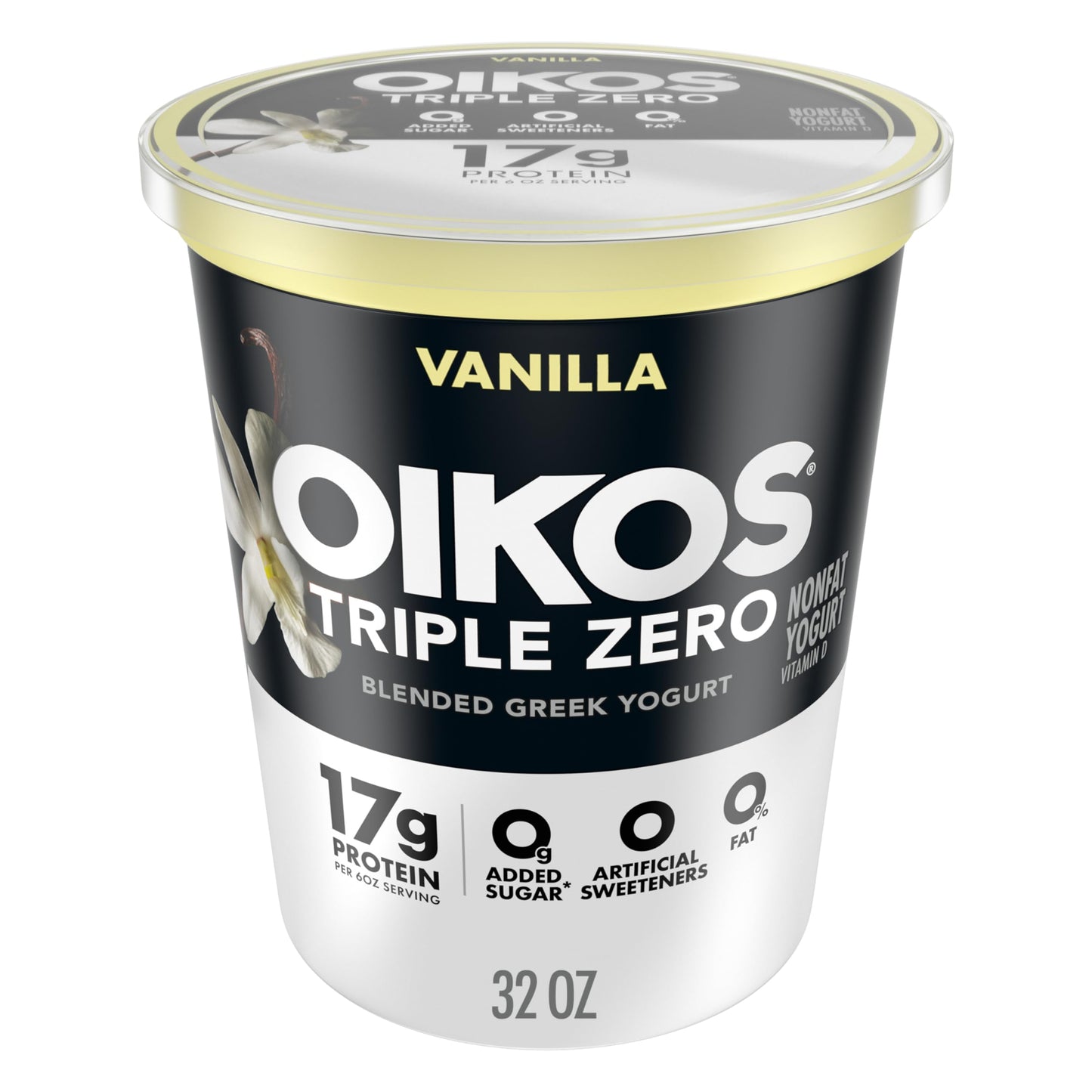 Oikos Triple Zero Vanilla Nonfat Greek Yogurt Tub, 0% Fat, 0g Added Sugar and 0 Artificial Sweeteners, Just Delicious High Prote