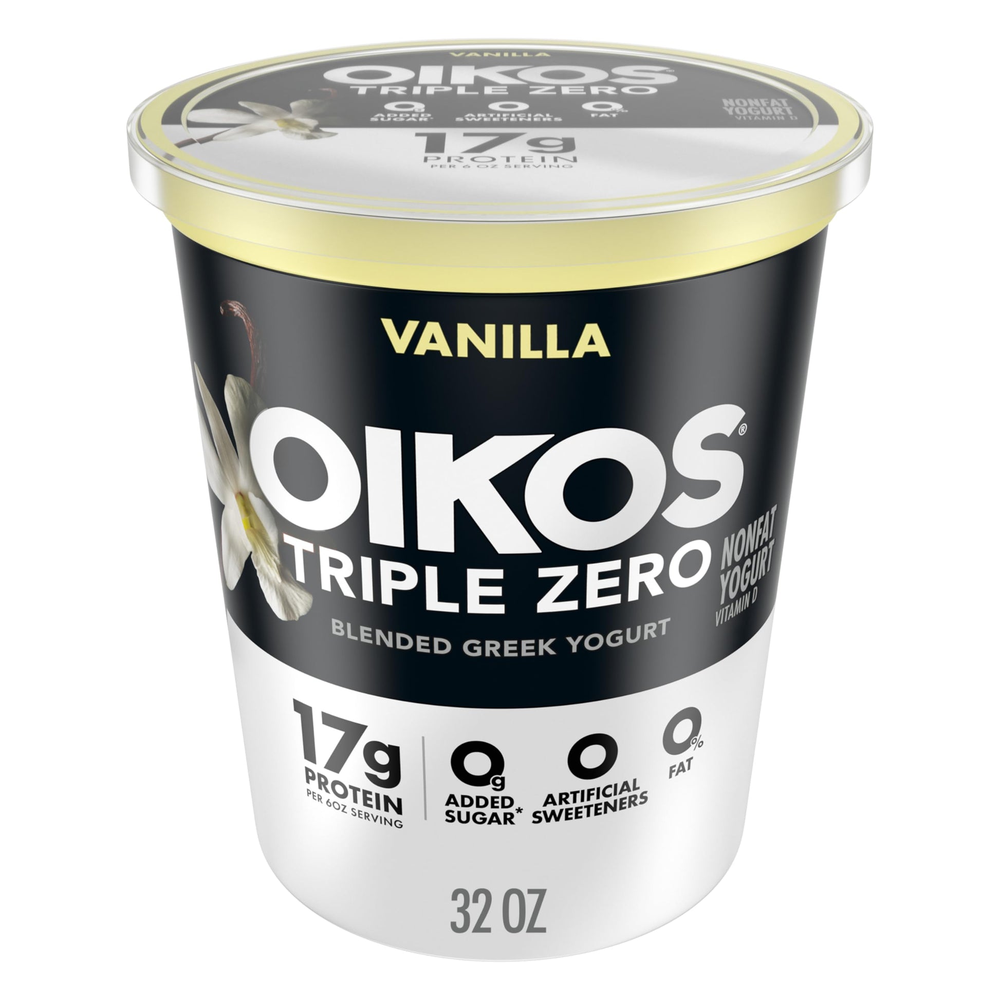 Oikos Triple Zero Vanilla Nonfat Greek Yogurt Tub, 0% Fat, 0g Added Sugar and 0 Artificial Sweeteners, Just Delicious High Prote