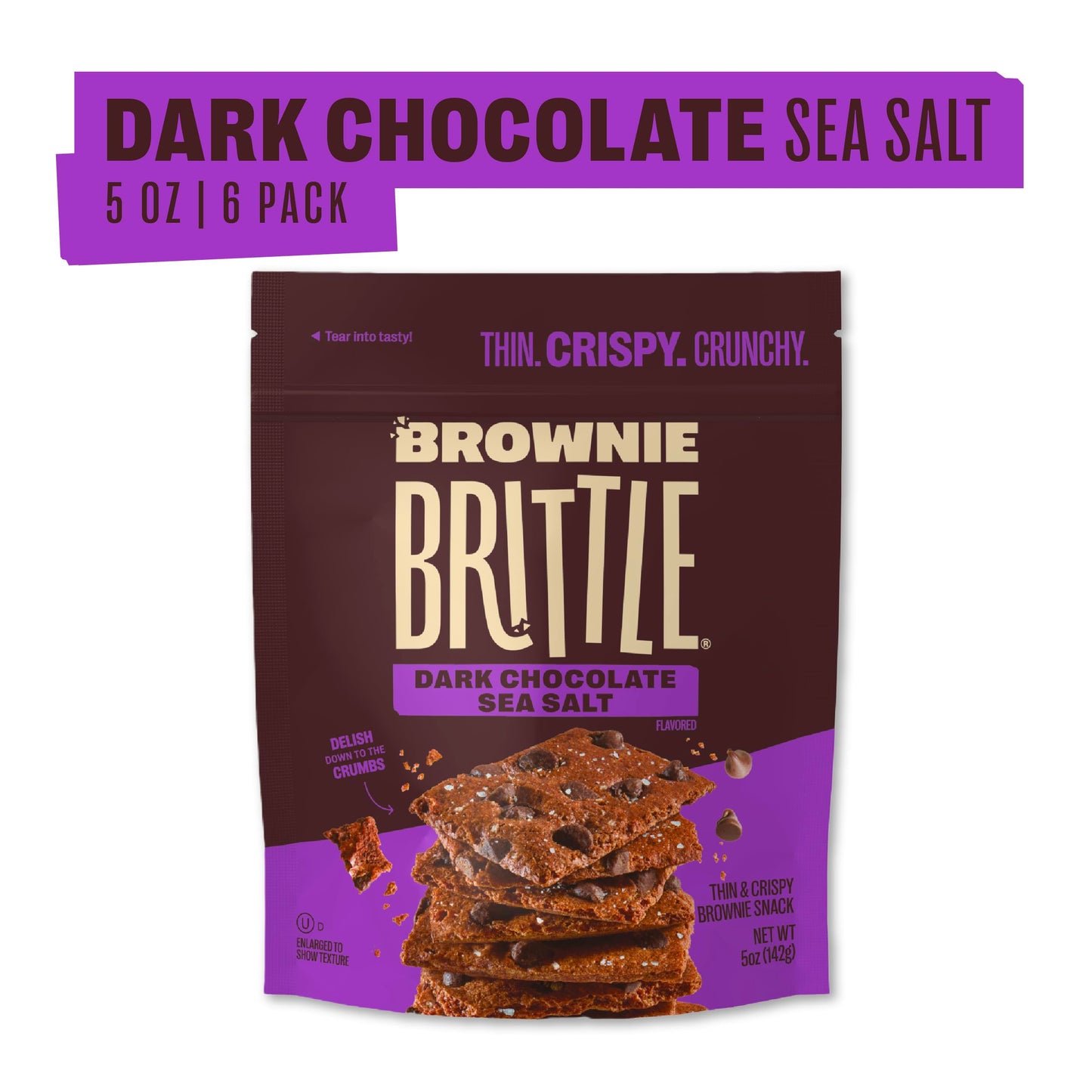 Brownie Brittle - Dark Chocolate Sea Salt Thin and Crispy Sweet Snacks (Pack of 6, 5 oz), Rich Gourmet Brownie Bites Dessert