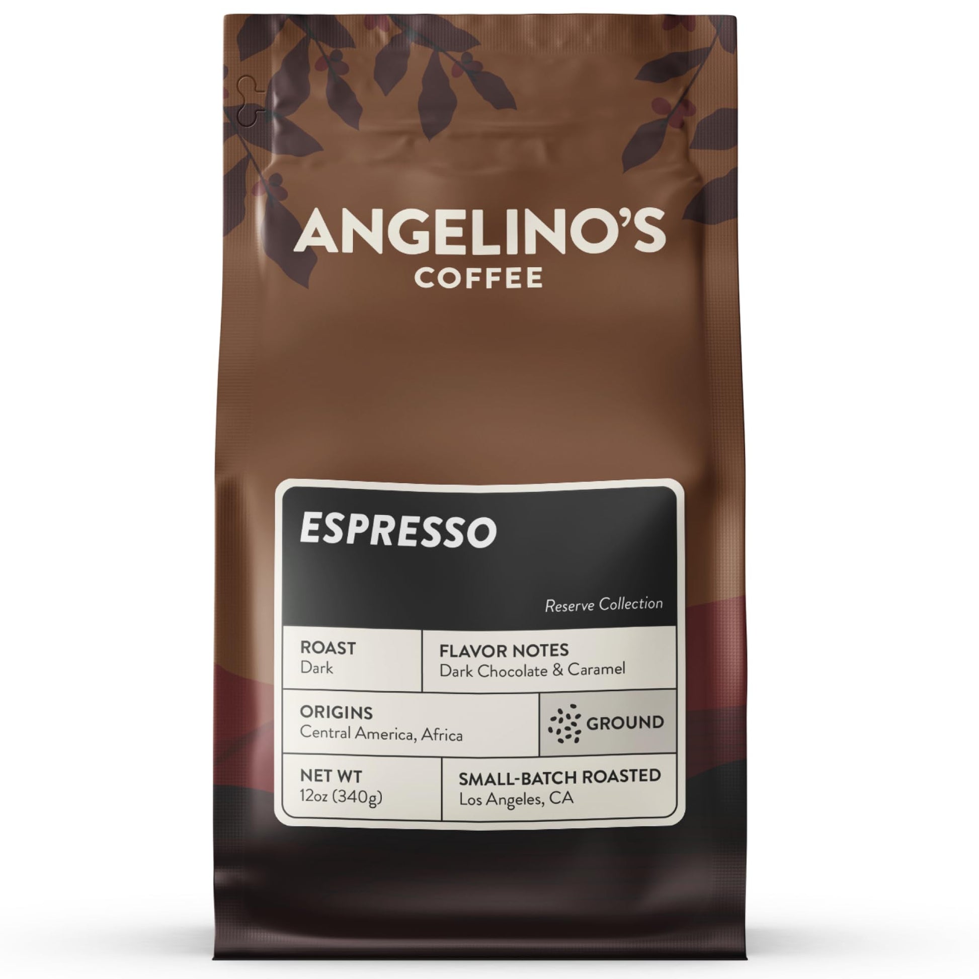 Angelinos Coffee Ground Espresso - Dark Roast, Notes of Dark Chocolate & Caramel, 12oz