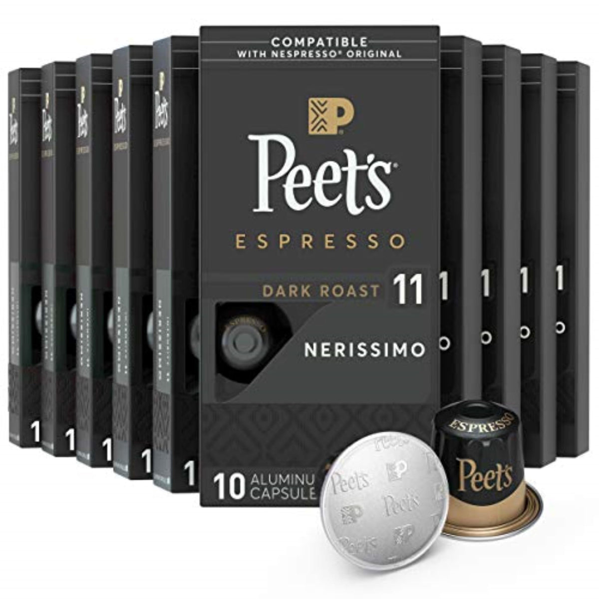 Peets Coffee Dark Roast Espresso Pods, Nerissimo Intensity 11, 100 Count, Brown, Model 513524