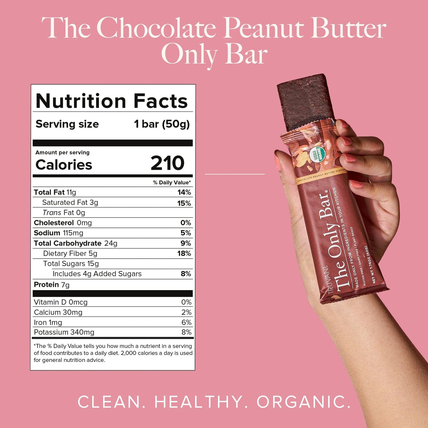 Truvani Plant Based Snack Bar | Chocolate Peanut Butter 12 Pack | 7g Protein | USDA Organic and Vegan | The Only Bar | Dairy, So