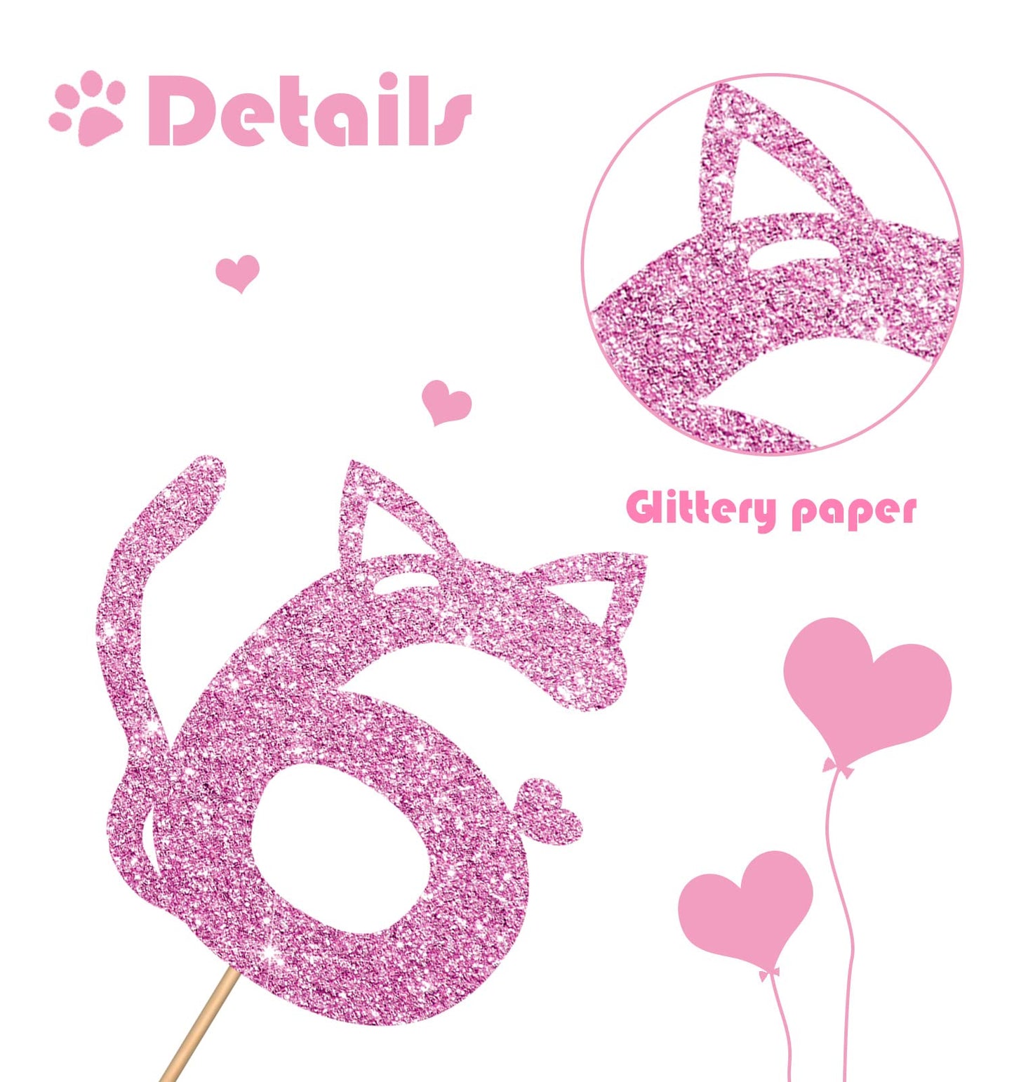 MINUET MINUTE Cat Six Cake Topper - Pink Glitter, Number 6 Birthday Decoration for Baby Girl Party Supplies