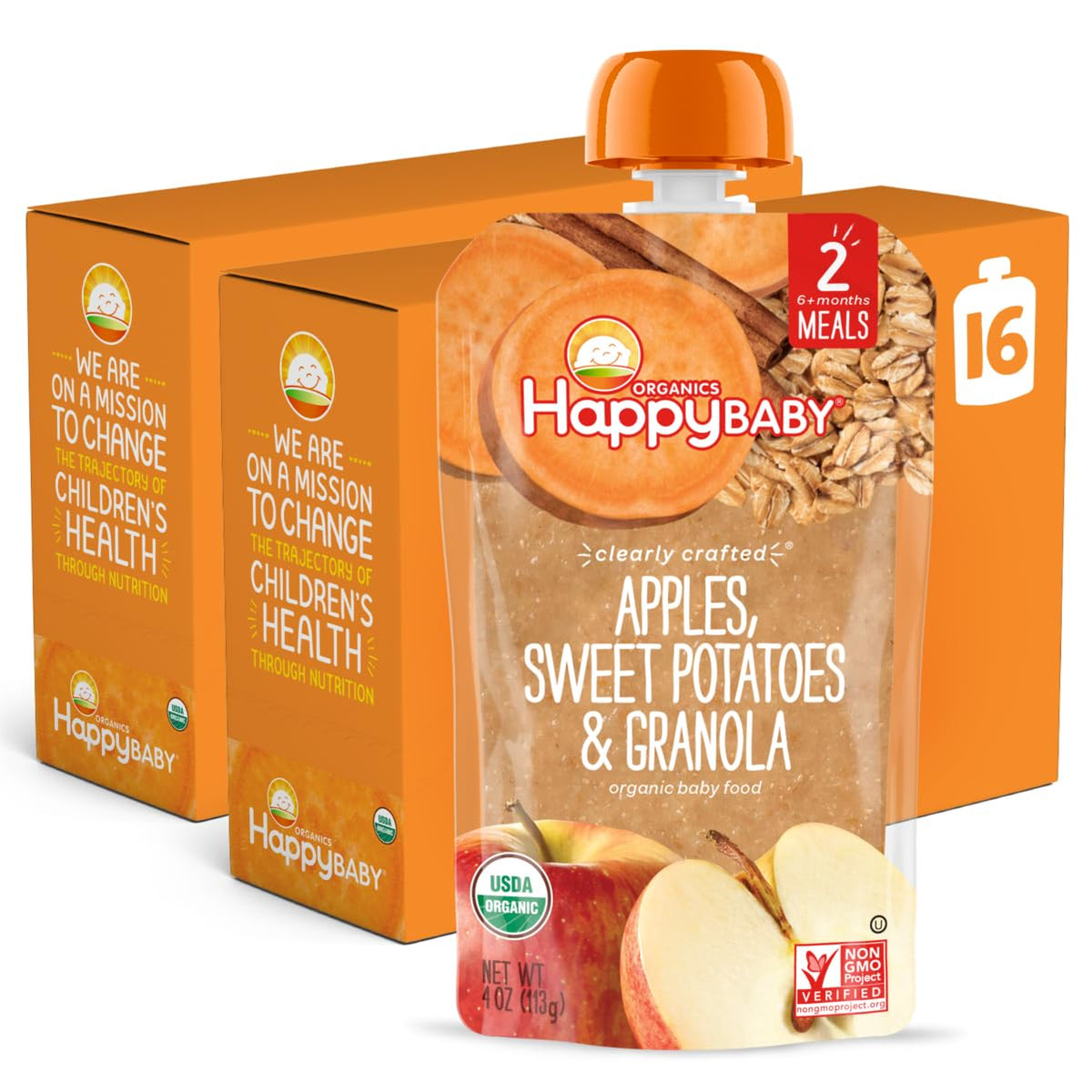 Happy Baby Organics Stage 2 Baby Food Pouches, Gluten Free, Vegan & Healthy Snack, Clearly Crafted Fruit & Veggie Puree, Apples,