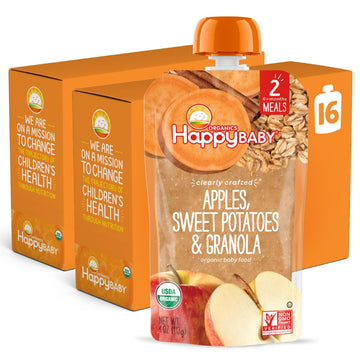 Happy Baby Organics Stage 2 Baby Food Pouches, Gluten Free, Vegan & Healthy Snack, Clearly Crafted Fruit & Veggie Puree, Apples,