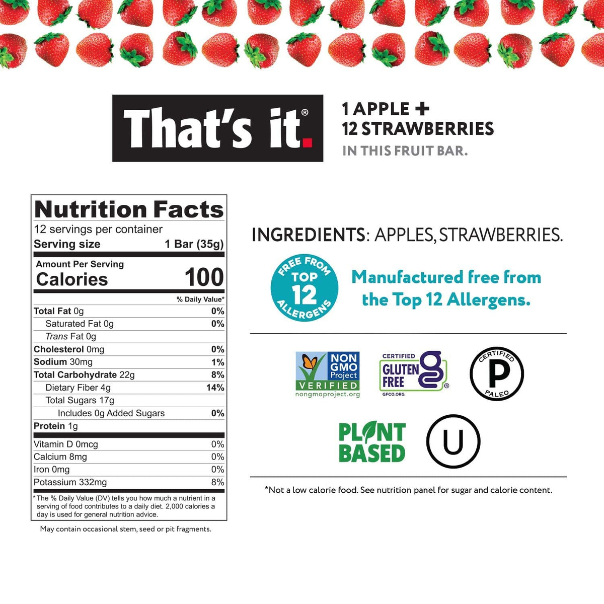 Thats it. Apple + Strawberry Fruit Bar, Vegan, Gluten Free, Non-GMO, No Sugar Added, 12 Count Pack
