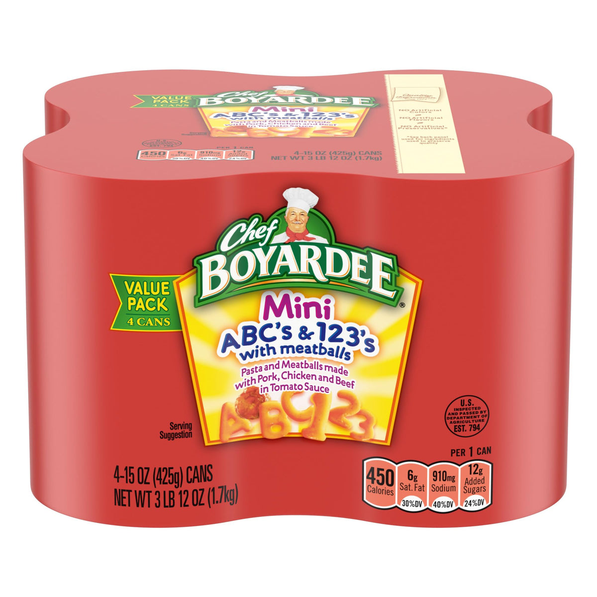 Chef Boyardee Mini Abc'S And 123'S With Meatballs, 15 Oz, 4 Pack