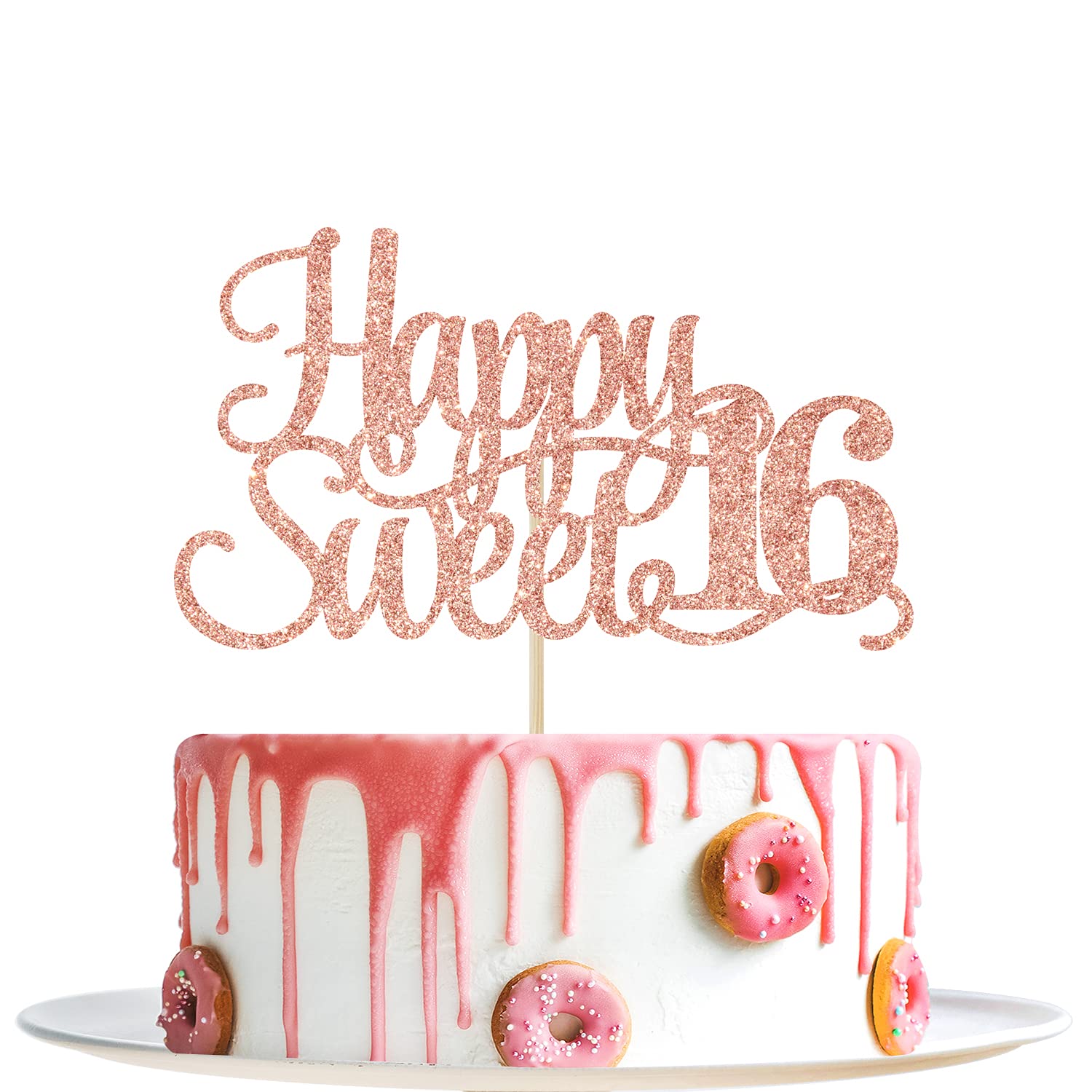 Yotawish Rose Gold Glitter Happy Sweet 16 Cake Topper - Happy 16Th Birthday Cake Decor - Hello 16, Cheers To 16 Years Birthday P