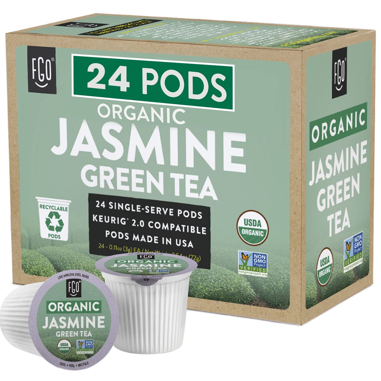 Organic Jasmine Tea K-Cup Pods  24 Pods by FGO - Keurig Compatible - Naturally Occurring Caffeine  enhanced Jasmine Green Tea is USDA Organic  Non-GMO  & Recyclable
