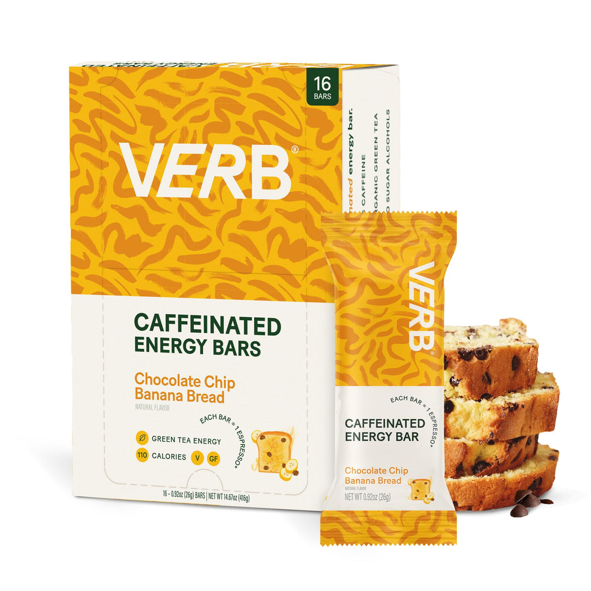 Verb Caffeinated Energy Bars Chocolate Chip Banana Bread (26G, Pack Of 16) 110-Calorie Delicious Energy Bar, Gluten Free On-The Go Snack With 80Mg Green Tea Caffeine, Only Real-Food Ingredients