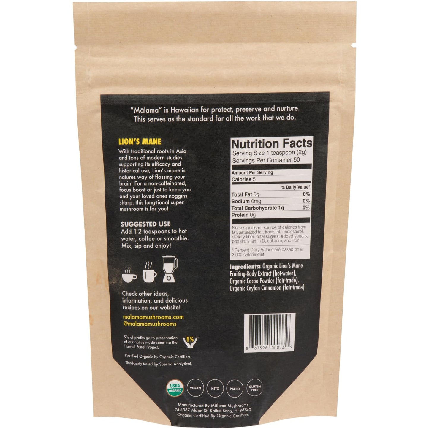 Lion'S Mane Hot Cacao Mix By Malama, Organic Fruiting Body Lion'S Mane Mushroom Extract Blended With Fair Trade Cacao And Cinnam