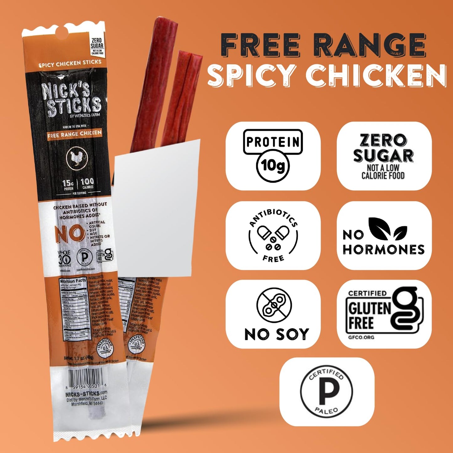 Nicks Sticks Spicy Free Range Clean & Balanced Chicken Snack Sticks | Made in the USA | Gluten Free | Paleo, Keto, Whole30 Appr