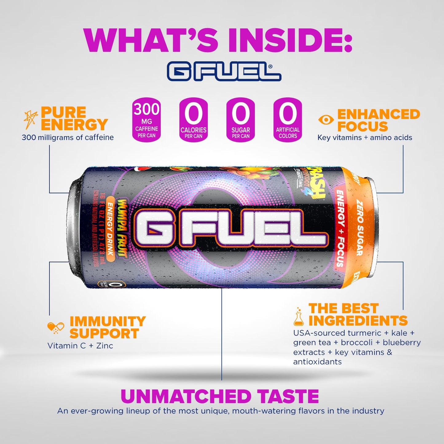 G Fuel Crash Bandicoot Energy Drink, Sugar Free, 300 mg Caffeine, Wumpa Fruit Flavor, 16 Fl Oz, Pack of 12, Yellow