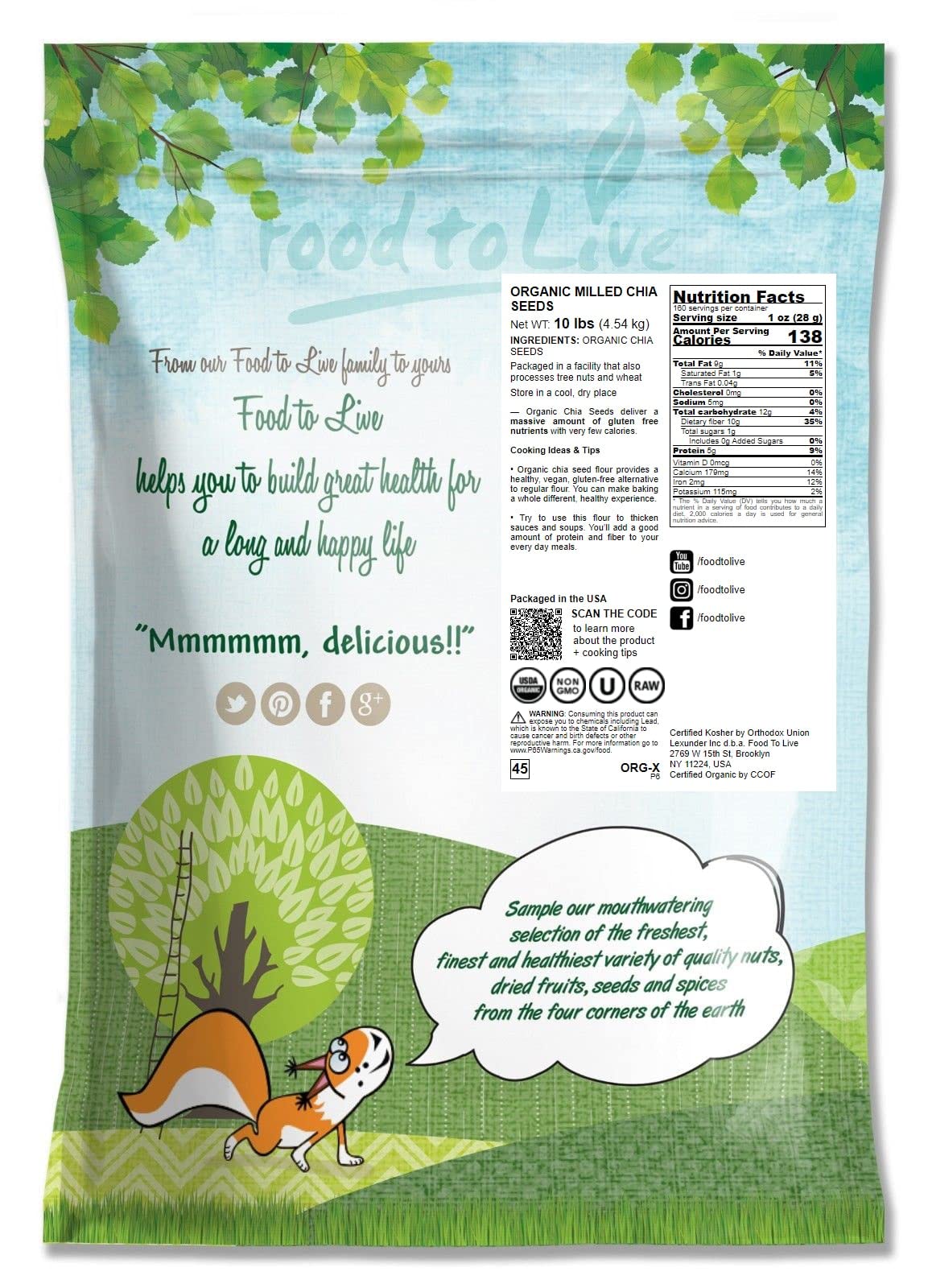 Organic Chia Seeds Powder, 10 Pounds - Non-Gmo Meal, Ground Raw Chia Seeds, Cold Milled, Kosher, Vegan, Bulk. Rich In Omega-3, F