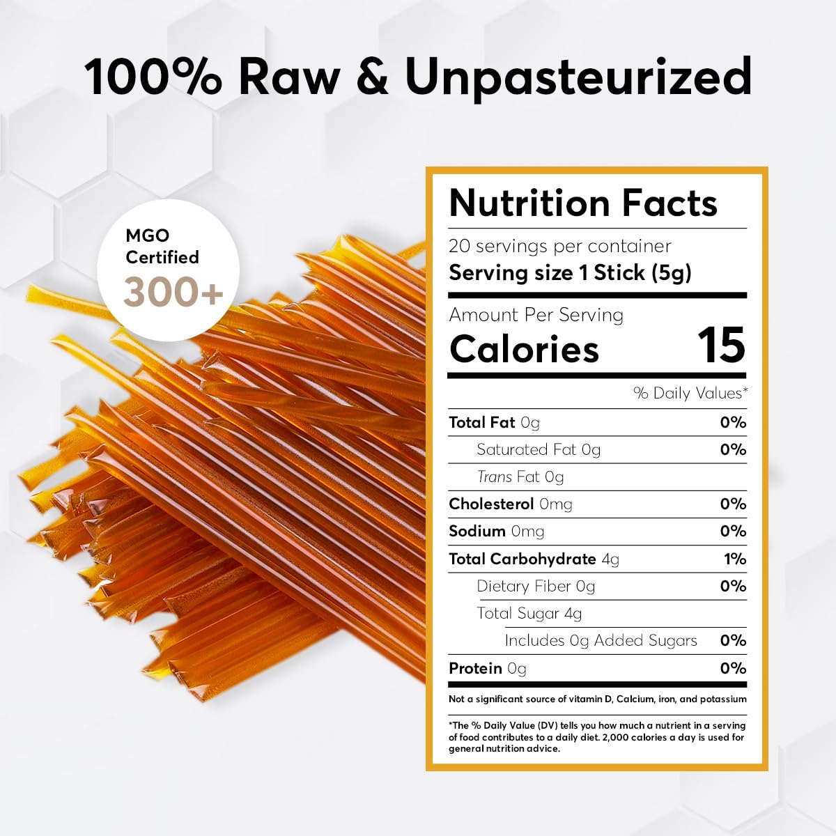 P.R.I Manuka Honey Sticks, Certified Mgo 300+, Raw New Zealand Manuka Honey, Perfect For On-The-Go, 20Ct
