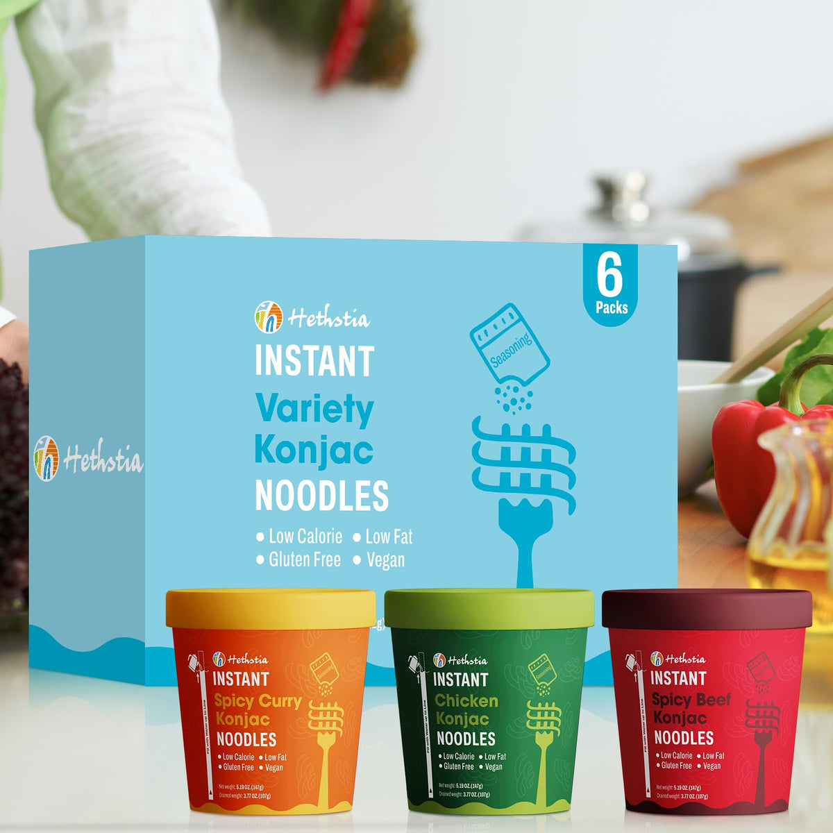 Hethstia Konjac Noodle, 6-Pack Pre-cooked Low Carb Shirataki Pho Soup Variety Flavor (Chicken, Spicy Curry, Spicy Beef)- Low-Cal