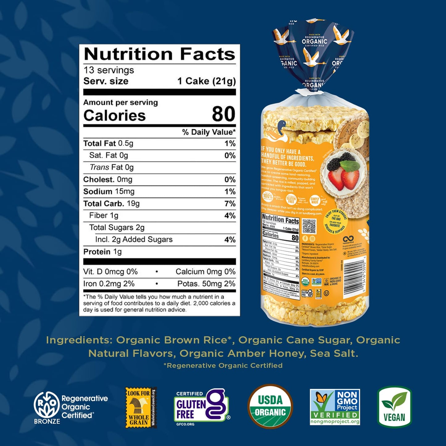Lundberg Rice Cakes - Organic Whole Grain Honey Nut Rice Cakes, Healthy Snacks For Adults And Kids, Gluten-Free Snacks, Organic