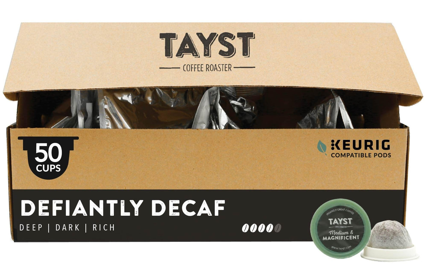 Tayst Coffee Pods, Defiantly Decaf Dark Roast, K Cups Compatible, 50 Count, Brown