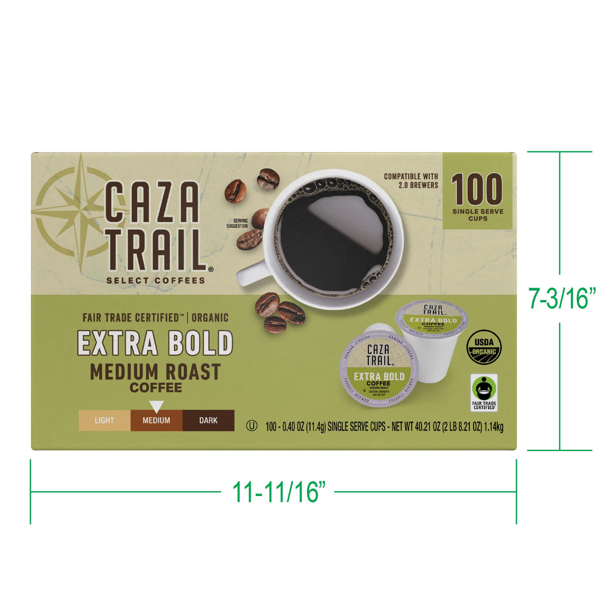 Caza Trail Coffee Organic Extra Bold Medium Roast, 100 Single Serve Cups, Model 07G75124221