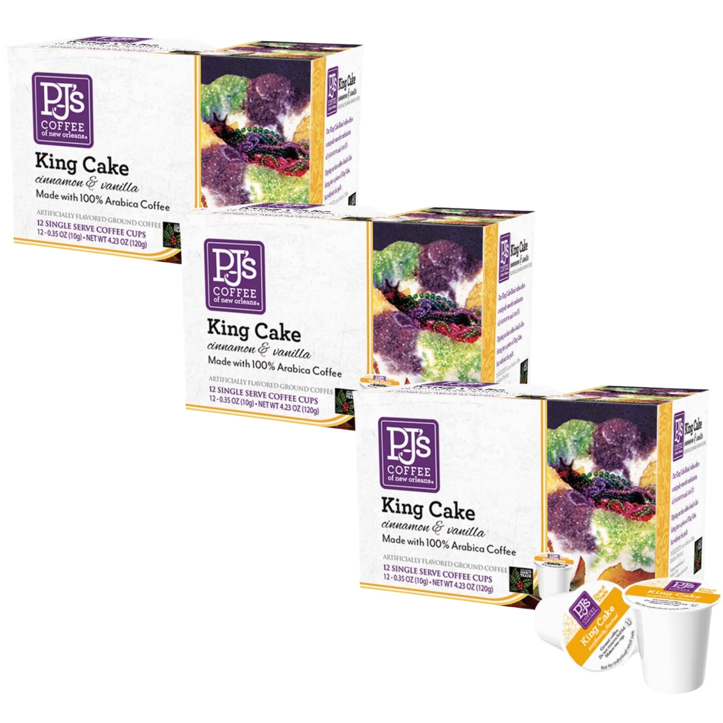 Pj'S Coffee - King Cake Single Serve Cups, 12 Count (Pack Of 3)