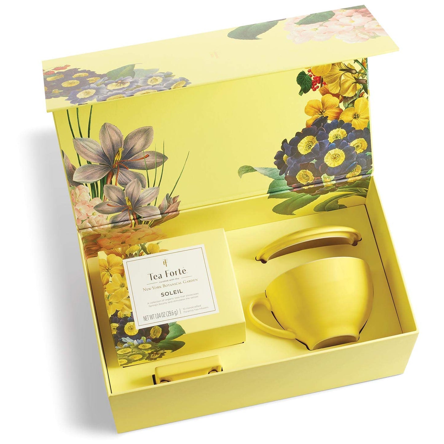 Tea Forte Soleil 3-Piece Enhanced Tea Gift Set With Yellow Cafe Cup With Lid, Tea Tray And 10 Assorted 2 Of Each Variety Organic Handcrafted Pyramid Infuser Tea Bags
