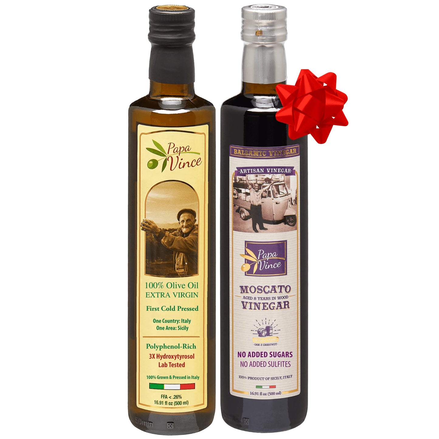 Papa Vince Extra Virgin Olive Oil & Balsamic Vinegar Set - 16.91 oz each, Aged 8 Years, First Cold Pressed, Made in Sicily, Italy