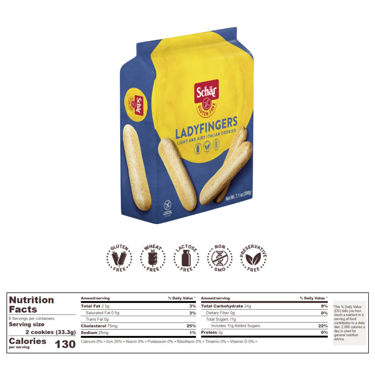 Schar - Lady Fingers - Certified Gluten Free - No Gmo'S, Lactose, Wheat Or Preservatives - (7.1 Oz) 2 Pack
