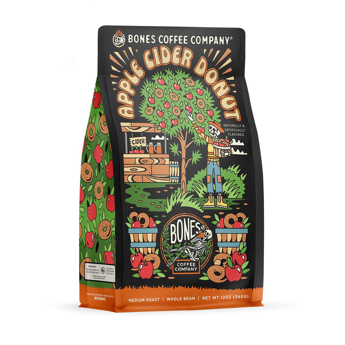 Bones Coffee Company Apple Cider Donut Flavored Coffee, Medium Roast, 12 Oz Whole Bean
