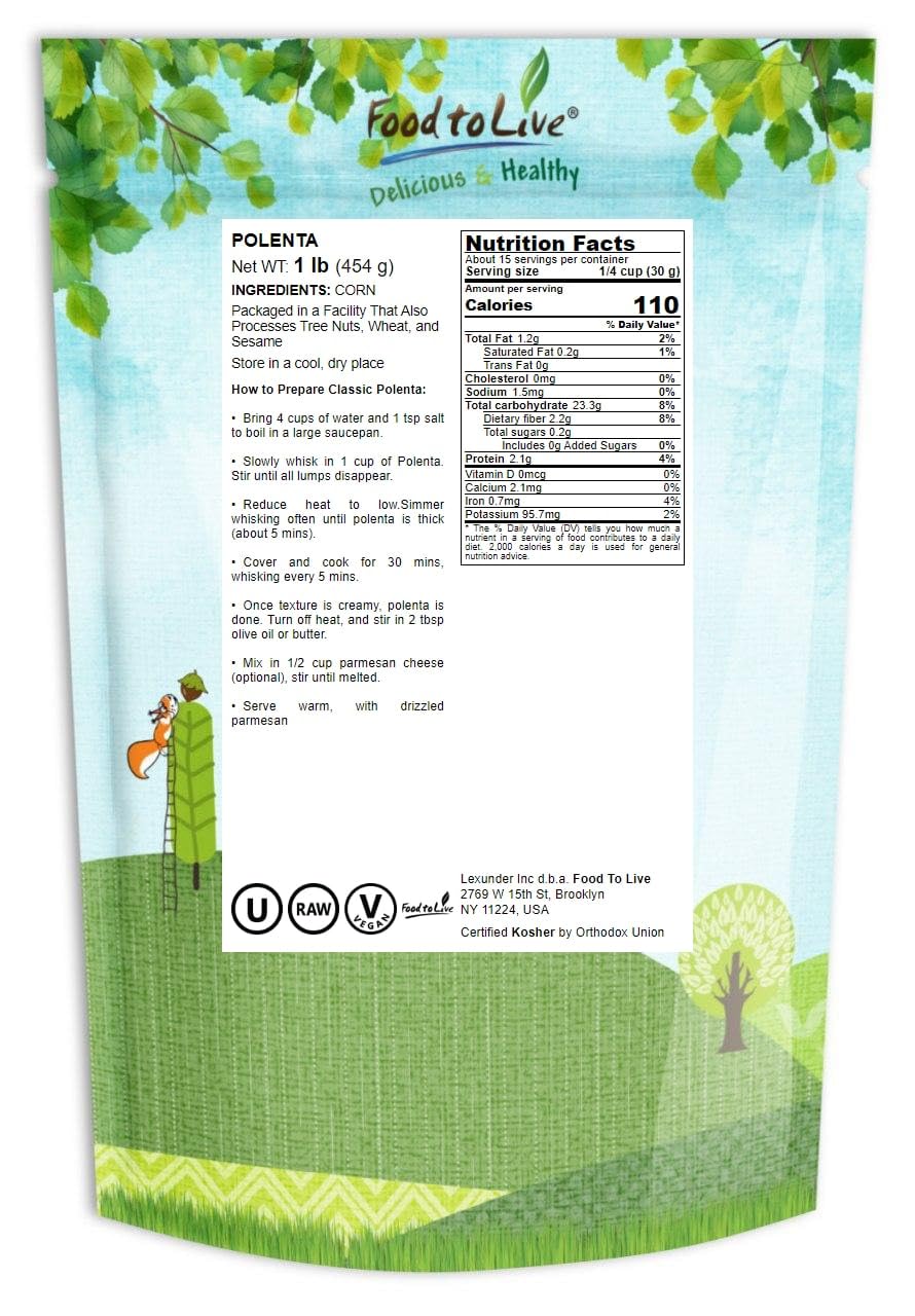 Food To Live Yellow Polenta, 1 Pound - Finely Ground Cornmeal. Product Of Italy. Easy To Cook. Creamy, Smooth Texture. Rich In A