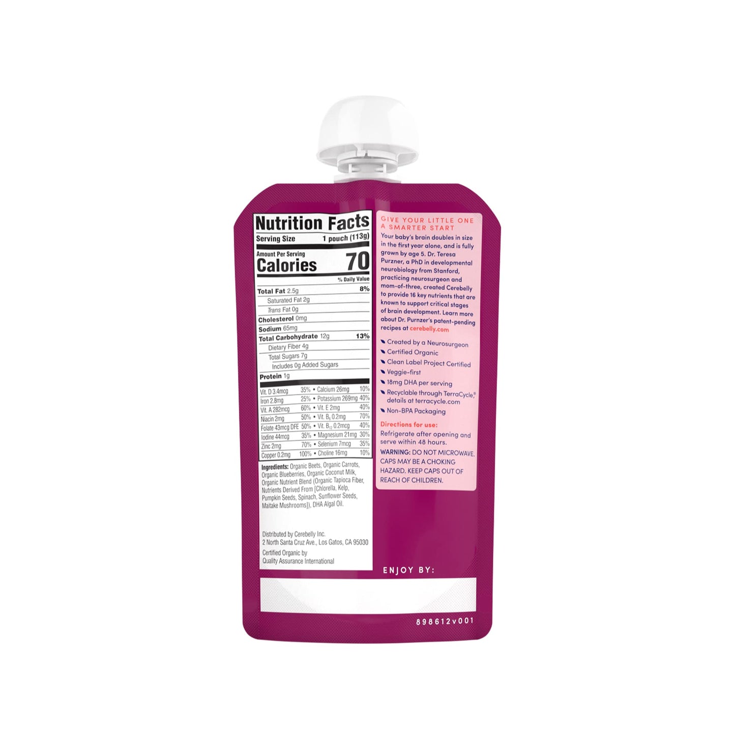 Cerebelly Organic Baby Food Pouches, Beet Carrot Blueberry Purees, 16 Nutrients, No Added Sugar, Fiber & Non-Gmo, 4Oz, 6 Pack