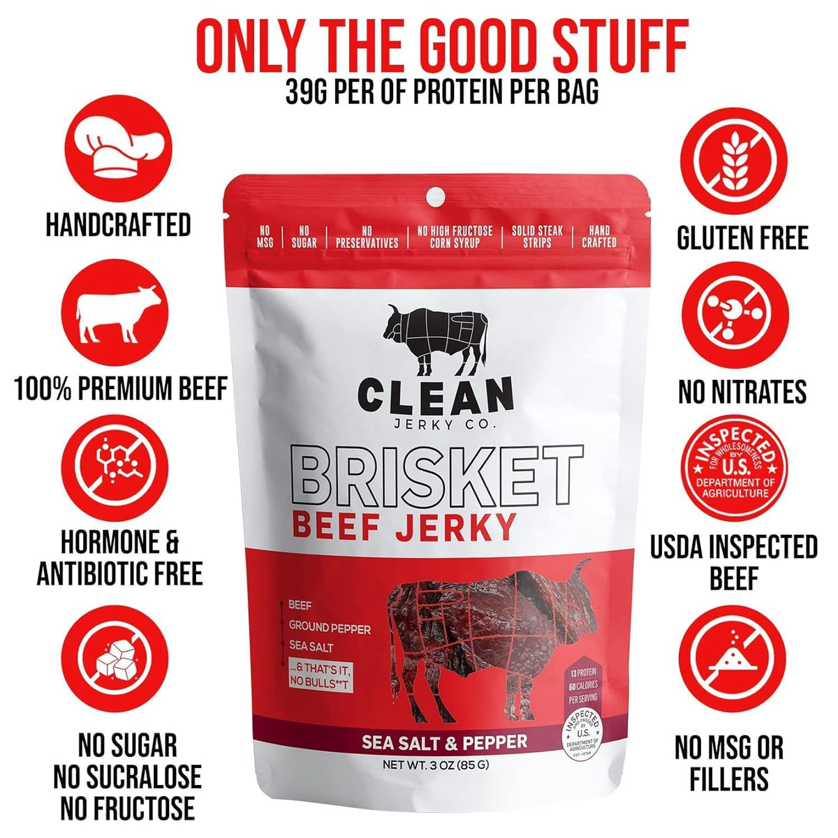 Clean Jerky Co. Old Fashioned Dry Zero Sugar Beef Jerky (5-Pack) | Salt & Pepper - Healthy High Protein Snacks | Healthy Snacks