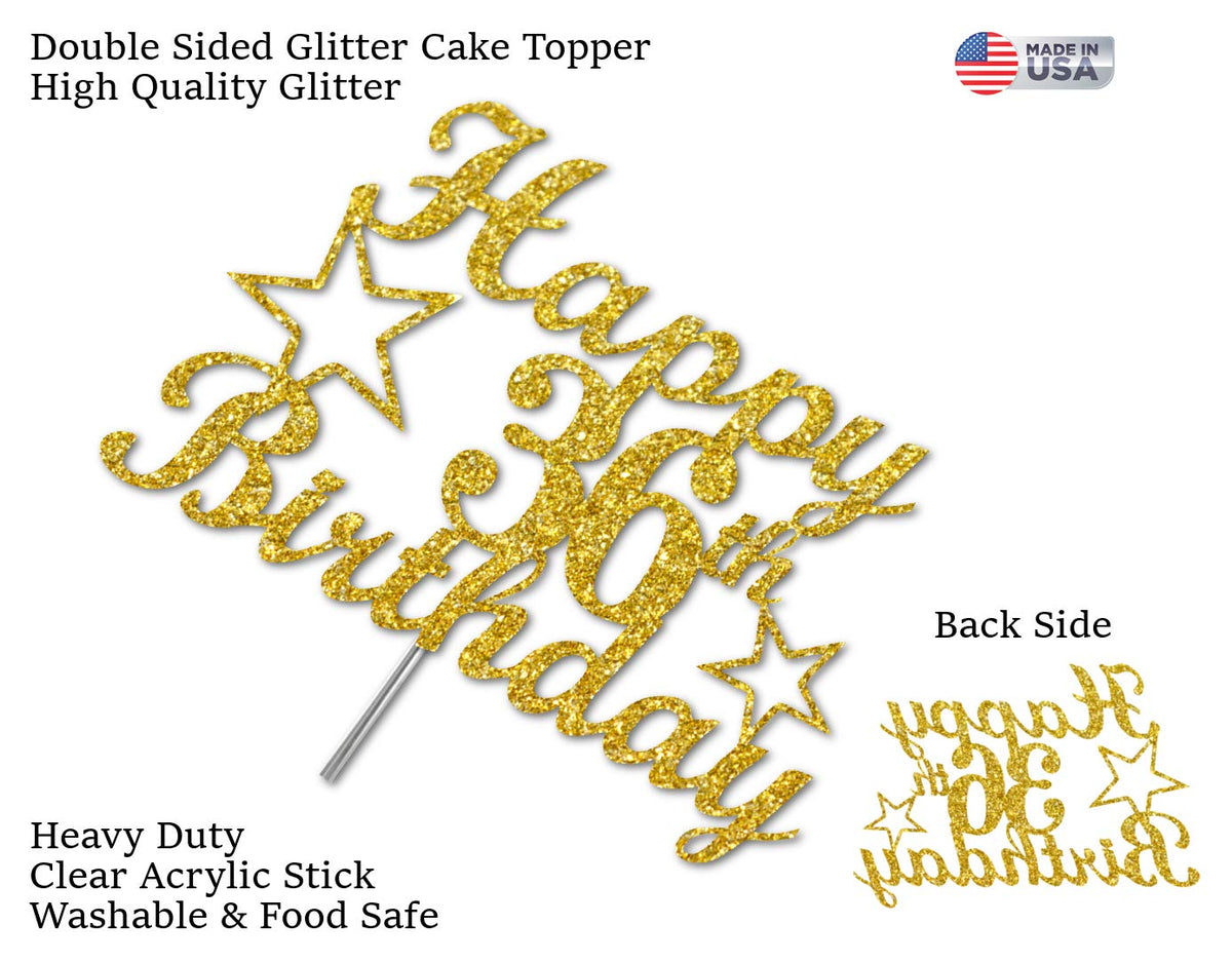 RokAPary 36th Birthday Cake Topper, Gold Glitter, Sturdy Acrylic, Double-Sided, Premium Quality