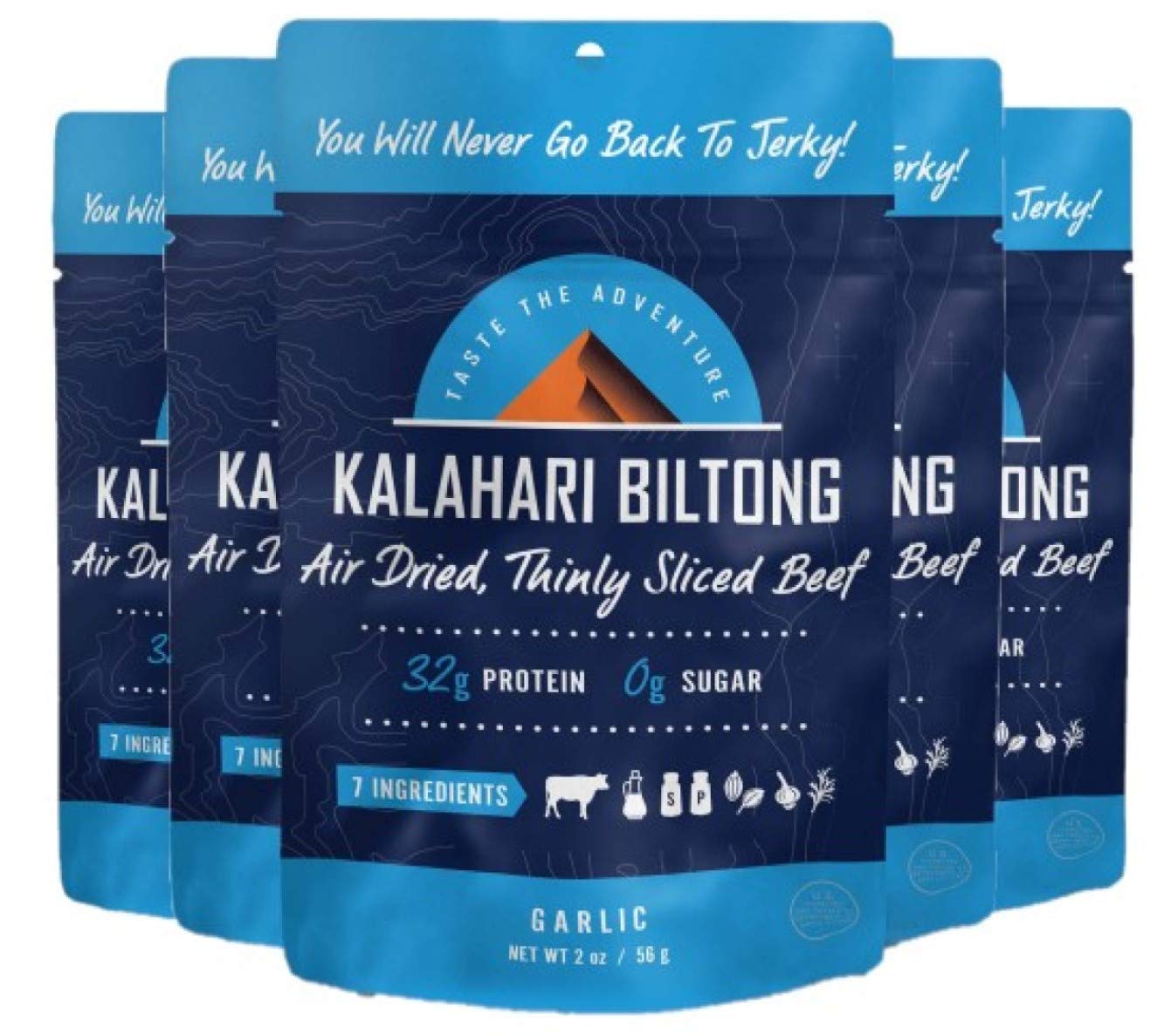 Garlic Kalahari Biltong, Air-Dried Thinly Sliced Beef, 2oz (Pack of 5), Sugar Free, Gluten Free, Keto & Paleo, High Protein Snack