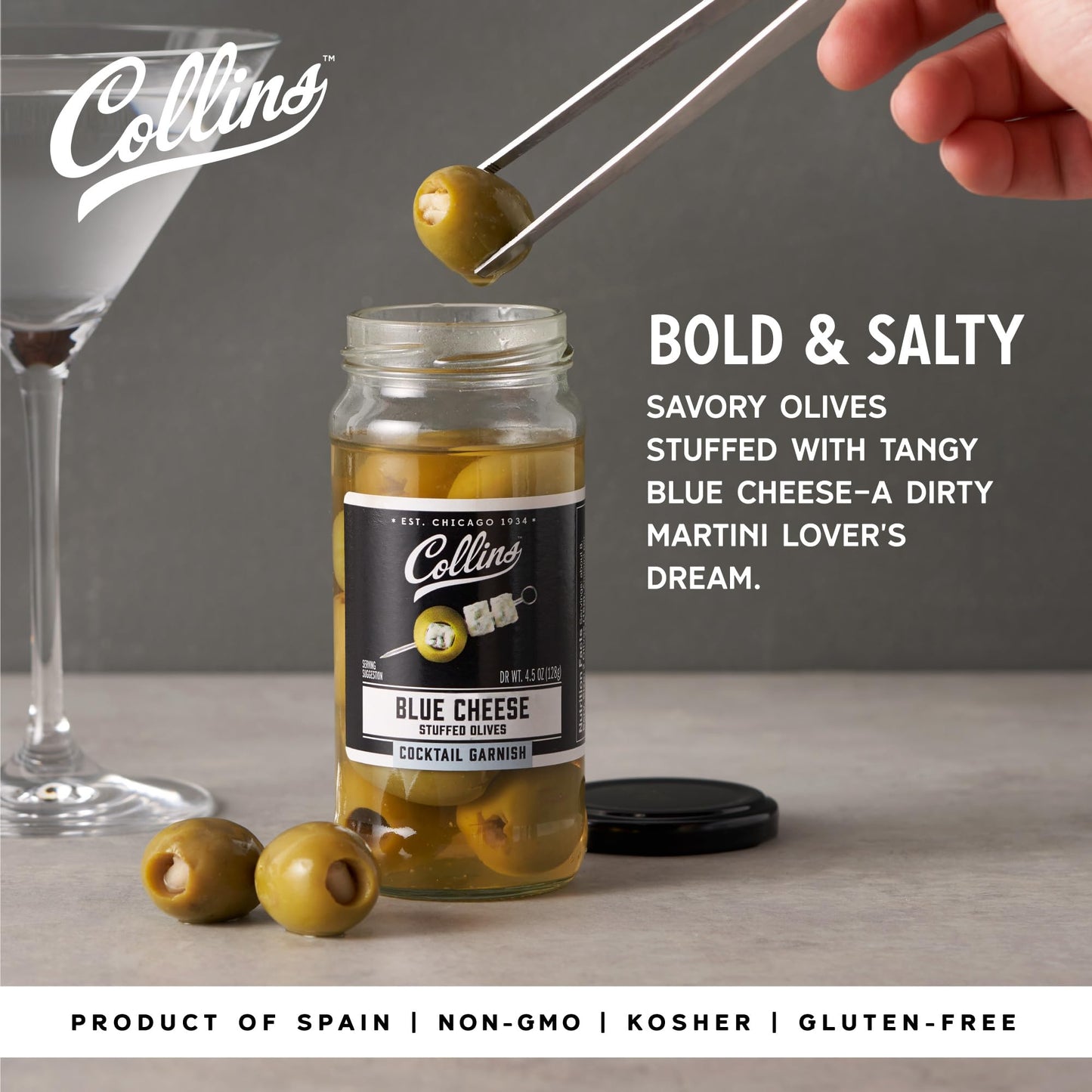 Collins Gourmet Blue Cheese Olives, Stuffed Cheese Garnish, 4.5 Oz, Glass Jar, Black Lid, Model O270