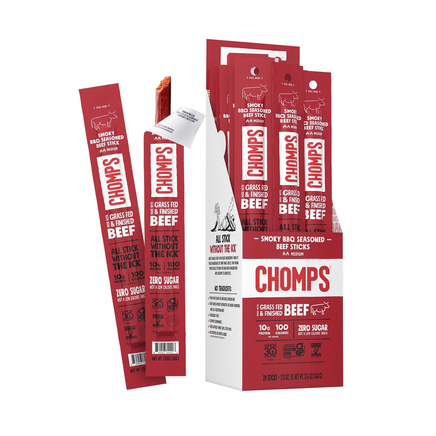 Chomps Beef Jerky Snack Sticks, Smoky BBQ, 24-Pack, 1.15 Ounce Each, Gluten-Free, Zero Sugar, Keto, Paleo, Non-GMO