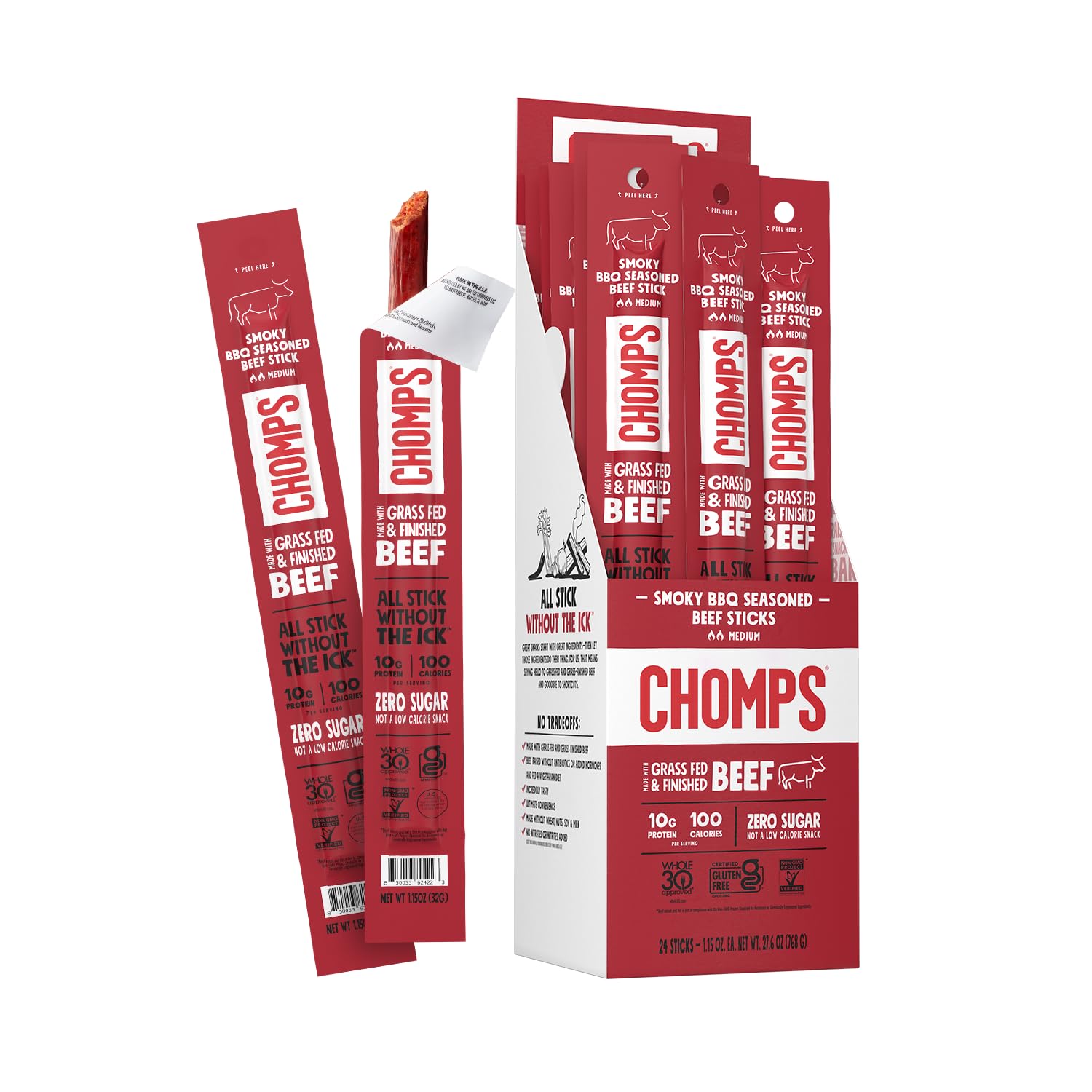 Chomps Beef Jerky Snack Sticks, Smoky BBQ, 24-Pack, 1.15 Ounce Each, Gluten-Free, Zero Sugar, Keto, Paleo, Non-GMO