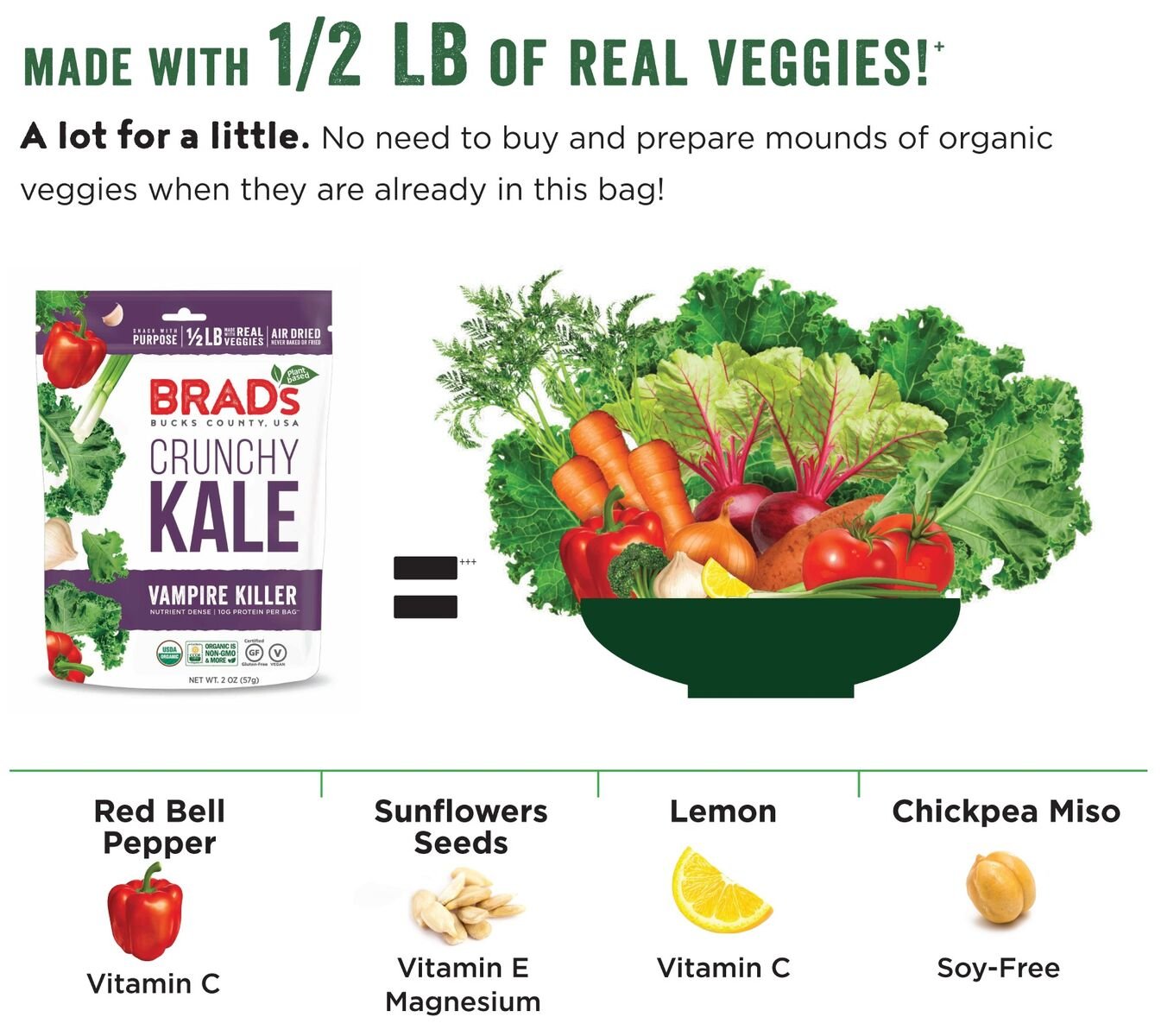 Brad s Plant Based Organic Crunchy Kale, Vampire Killer, 12 Bags, 24 Servings Total