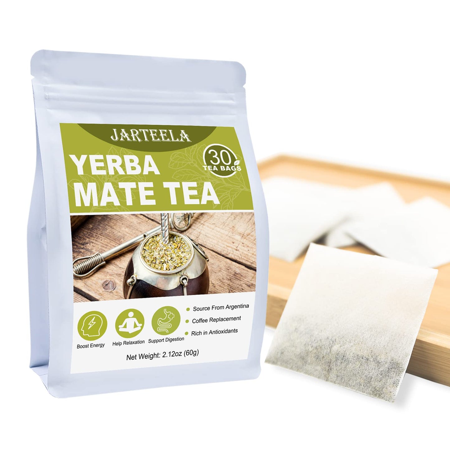 Jarteela Yerba Mate Tea Bags, Unsmoked from Argentina, 2g x 30 Count, Perfect Coffee Replacement