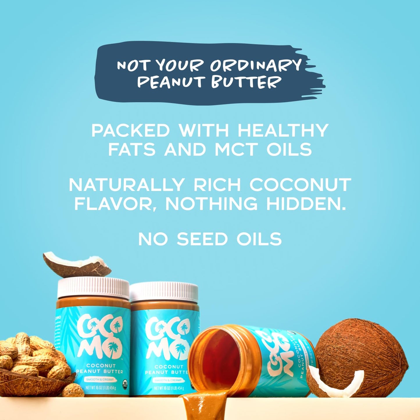 Cocomo Coconut Peanut Butter Spread, 16 oz - Organic Peanut Butter, Natural, Gluten Free, Vegan, High Protein, Healthy Snack, Sm