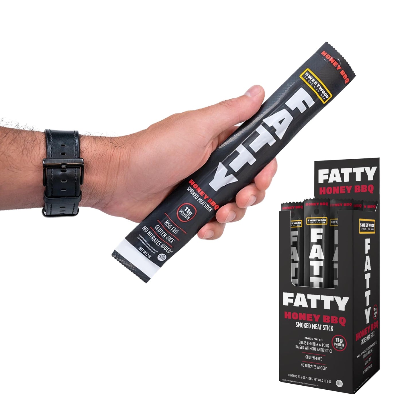 American Made Sweetwood Smokehouse FATTY Beef Jerky Sticks - Honey BBQ, 20 Pack, 2oz, Gluten Free, Extra Large, Grass Fed Beef