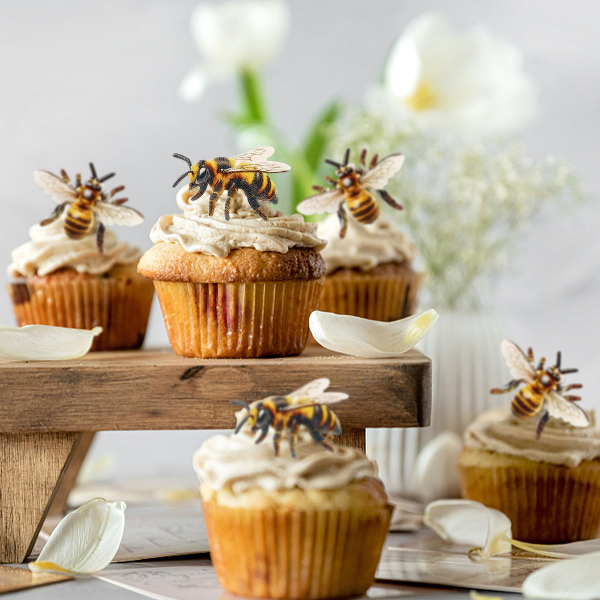 Cyodoos 40 Pcs Edible Bumble Bee Cupcake Toppers Wafer Paper Bumble Bee Party Drink Topper Decorations For Kids Girls Birthday B