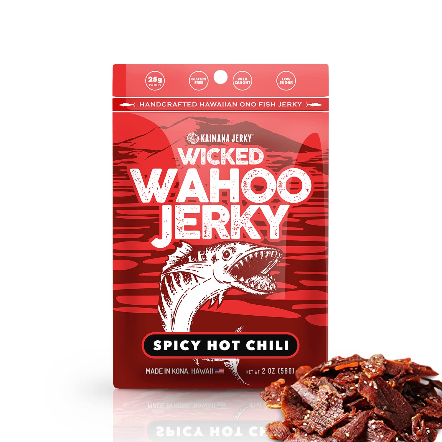 Kaimana Jerky Spicy Chili Wahoo Ono Fish Jerky - Organic Smoked, Low-Calorie, 2oz (Pack of 3)
