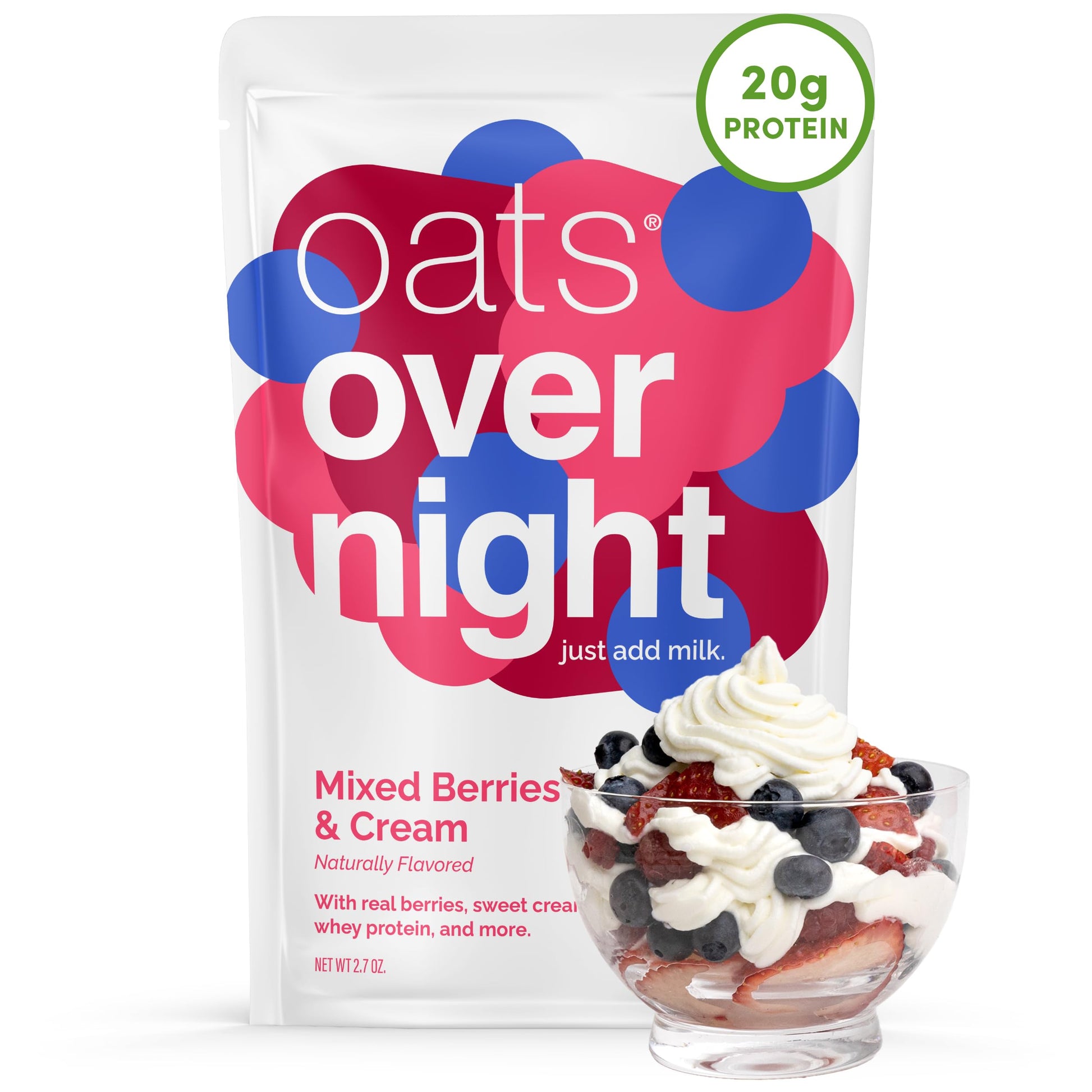 Oats Overnight Mixed Berries & Cream - Overnight Oats With 20G Protein  High Fiber Breakfast Protein Shake - Gluten Free Oatmeal  Non Gmo High Protein Oatmeal (2.8 Oz Per Meal) (8 Pack)